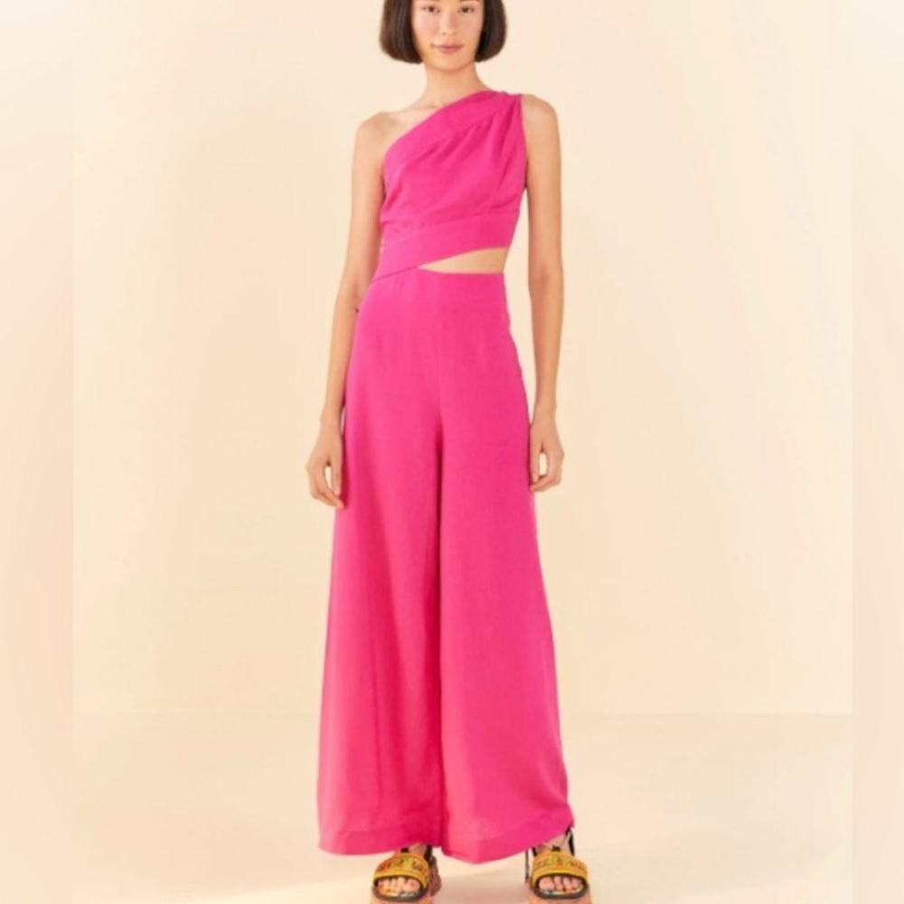FarmRio Pink One Shoulder Jumpsuit Linen, SIZE XL